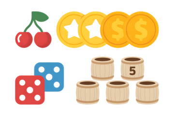 Casino game symbols cherries coins dice barrels for slot machine gambling entertainment concept