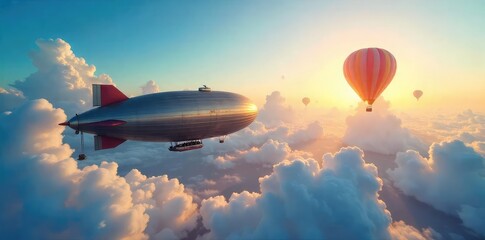 A majestic airship and vibrant hot air balloons share the vast expanse of a clear blue sky, creating a breathtaking spectacle of buoyant flight The sun casts dramatic shadows below , lift, height