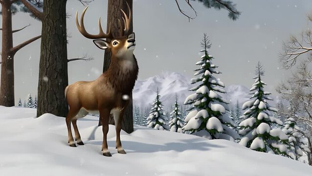 this magical seamless looping 4k time lapse animation depicts a proud deer standing gracefully a snowy forest framed by mountains trees under a tranquil winter sky creating a serene natural