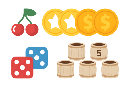 Casino game symbols cherries coins dice barrels for slot machine gambling entertainment concept