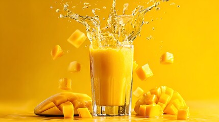 Pouring Fresh Mango Juice Into Glass with Splashing and Fruit Chunks