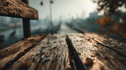 Rainy day on a wooden pier with blurred urban background showcasing tranquility