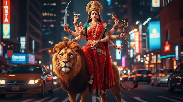 A depiction of the Hindu goddess Durga, riding a lion, navigating a bustling cityscape filled with vehicles and bright neon signs, embodying strength and power within the urban environment