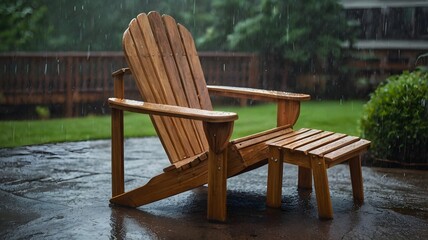 Wooden Adirondack chair on a wet patio after rainfall, capturing rustic outdoor charm, cozy relaxation, and serene atmosphere with natural textures and rainy day mood