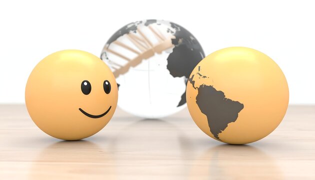 Two smiley-face spheres flank a glass globe on a wood surface - Powered by Adobe
