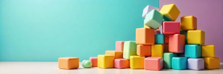 A playful stack of brightly colored blocks toppling over in a chaotic, yet cheerful, arrangement Perfect for concepts related to fun, games, and lightheartedness , bright, wobbly, accident