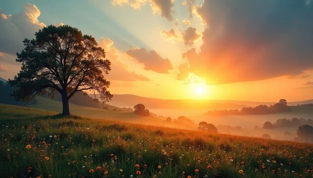 A peaceful sunrise over a tranquil landscape, symbolizing hope and renewal in the Christian faith Perfect for Easter, Lent, or general faith-based themes , belief, calm