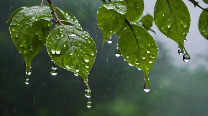 Raindrops on the leaves of a tree branch, capturing nature’s refreshing beauty, tranquil greenery, and sparkling water droplets in a serene rainy season atmosphere