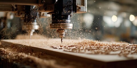 CNC machine woodworking. Drill carving wood with sawdust flying in shop