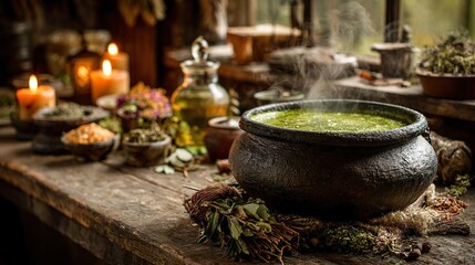 On the wooden table was a pot of steaming green medicine, surrounded by dried herbs and candlelight.