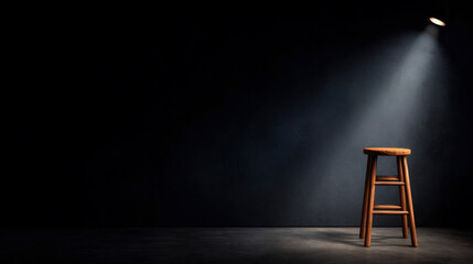 Spotlight shines on a lone wooden stool in an empty room with dark walls and subtle lighting, creating a dramatic atmosphere Generative AI