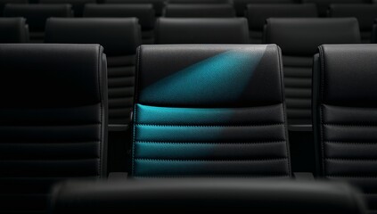Obraz premium Theater Seats Empty Hall Dark Background with One Blue Light Seat in Center