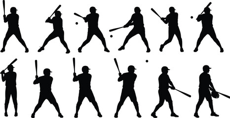 Silhouette sequence of baseball player batting, twelve stages of swing technique, sports motion illustration for training, coaching, animation, athletic performance study