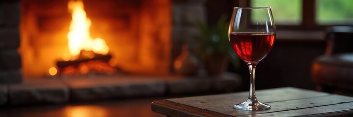 A serene scene of a glass of wine beside a fireplace, soft lighting casting a warm glow, perfect for unwinding , night, mellow