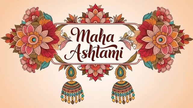 Maha Ashtami Celebration A Vibrant and Colorful Design Featuring Floral Elements and Traditional Earrings, Perfect for Invitations and Festive Greetings, Celebrating Hindu Traditions