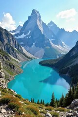 Fototapeta premium A breathtaking panoramic view of a majestic mountain range, rugged terrain, and a pristine blue lake Perfect for adventure, travel, and nature-themed projects , untouched, peak, wilderness