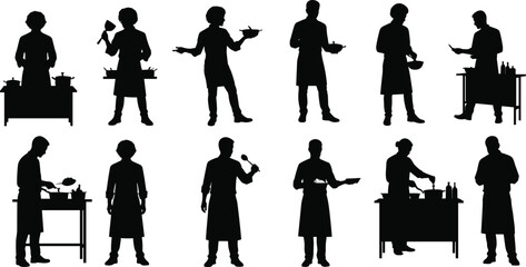 Silhouettes of chefs cooking, various culinary tasks, chopping, mixing, garnishing, presenting dishes, professional kitchen activity, food preparation, cuisine art illustration