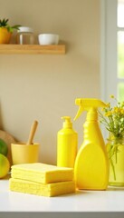 Sunny Yellow Kitchen Cleaning Scene Cheerful Organization and Happy Household Items