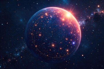 Fototapeta premium A celestial sphere depicting the twelve months as constellations, swirling nebulae forming zodiac signs, cosmic dust and stars across a dark background , planets, astrological signs, March