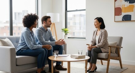 Obraz premium Couple in Counseling: A couple sits with a counselor, building a bridge toward understanding and working through life’s hurdles.