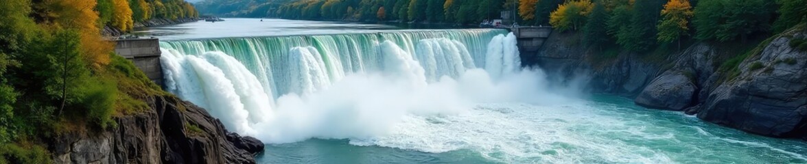 Powerful Torrent Concrete Dam Spillway Releases Rushing Water into River Channel.  A dramatic display of controlled power, showcasing impressive engineering and the raw force of nature.