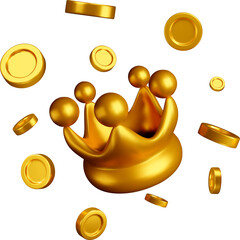 3D Golden Crown with Coins Floating Around