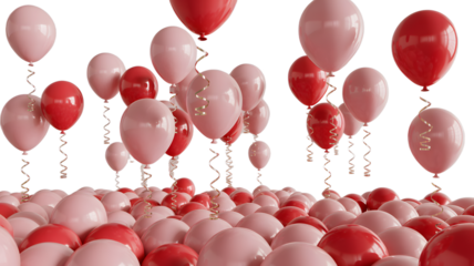 Vibrant pink and red balloons floating and scattered creating a festive and joyful atmosphere