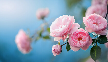 beautiful pink roses blooming on a branch against a soft blue background