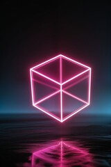 Neon Pink Cube Glowing in a Dark Environment Reflecting on Water