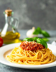 Plate of spaghetti with tomato sauce and fresh basil. Tasty Italian food. Delicious meal for dinner.