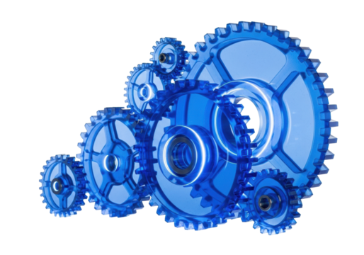 Photorealistic, translucent sapphire-blue polymer gears interlocking in a dynamic cluster, polished surfaces with luminous edges on a transparent background, concept of modern technology - Powered by Adobe