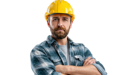 Construction Worker in the Spotlight: A determined construction worker, exuding confidence, stands with arms crossed, ready to tackle any project. Portraying the strength, dedication.