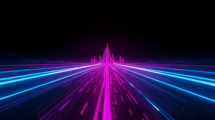  futuristic digital background features vibrant neon light trails, creating a sense of speed and energy, and vertical glowing lines resembling data streams or skyscrapers.
