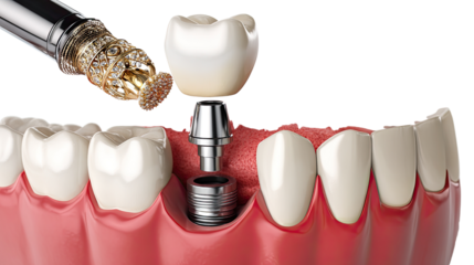 Dental Implant Procedure: A close-up captures the intricate process of a dental implant, displaying the precision of tools and the flawless integration of the crown.