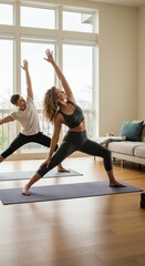 Obraz premium Yoga Pose in Harmony: Two individuals find serenity, practicing yoga postures in a spacious home. The scene is bathed in natural light, showcasing the seamless blend of wellness, balance.