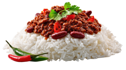 Rice and Chili: A vibrant image showcasing a generous serving of chili, artfully piled atop a bed of fluffy, long-grain rice, garnished with fresh chilies for a touch of zest.