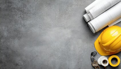 and keyword list following your request

 Construction essentials hard hat, blueprints, tools on concrete surface, copy space