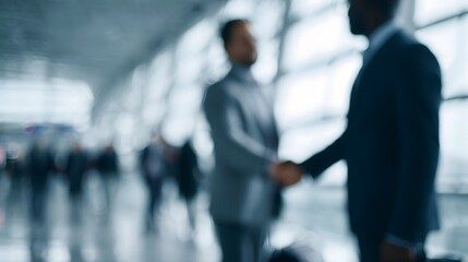Businessmen shaking hands in an airport terminal signifying an international deal