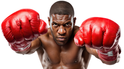 Focused Boxer: An intense and determined boxer, clad in red gloves, stares directly at the viewer with unwavering resolve, embodying the spirit of competitive sportsmanship. 