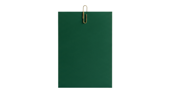 Perfectly rectangular deep forest green fine vellum sheet with subtle texture, held upright by a polished brass paperclip on a stark white background with copy space. Concept of refined potential