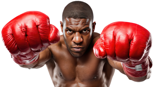 Focused Boxer: An intense and determined boxer, clad in red gloves, stares directly at the viewer with unwavering resolve, embodying the spirit of competitive sportsmanship. 