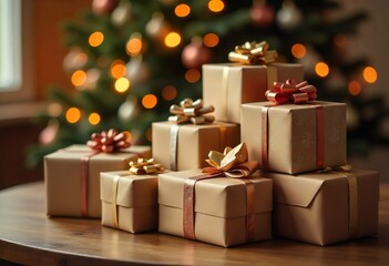 Obraz premium Christmas presents in kraft paper with gold and copper ribbons, cozy festive scene