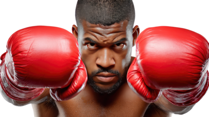 Boxer's Stance: An intense, focused boxer with red gloves in a poised stance, conveying determination and power within the realm of athletic competition.