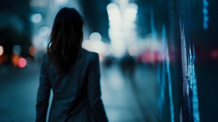 Businesswoman walking past digital ticker in the city at night
