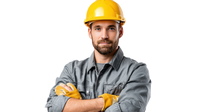 Confident Construction Worker: A focused construction worker stands tall, a yellow helmet atop his head, conveying expertise and safety awareness