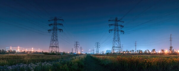 Electric pylons stretching across field at night, showcasing power transmission lines