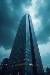 Fototapeta premium A dramatically angled shot of a towering skyscraper piercing a stormy sky, emphasizing the building's imposing height and the turbulent weather , composition, perspective, geometric