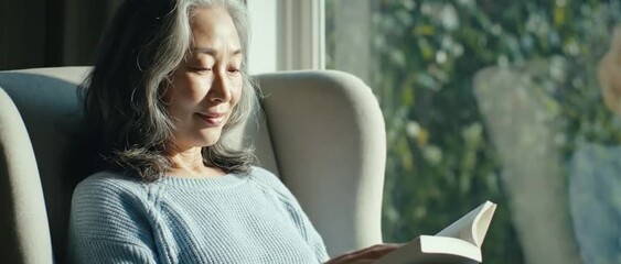 Elderly Woman Relaxing in Sunlit Living Room Reading Book Calm Content - Powered by Adobe