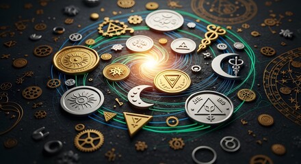 Mystical alchemical symbols and objects arranged in a circular pattern with cosmic energy