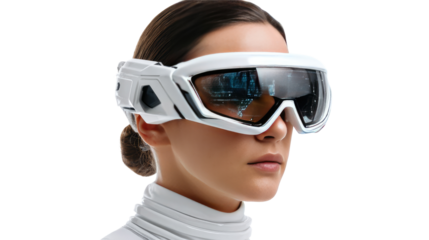 Future Vision: A futuristic smart goggle, reflecting advanced technology, rests elegantly on a woman's face, offering a glimpse into the innovation of tomorrow. 